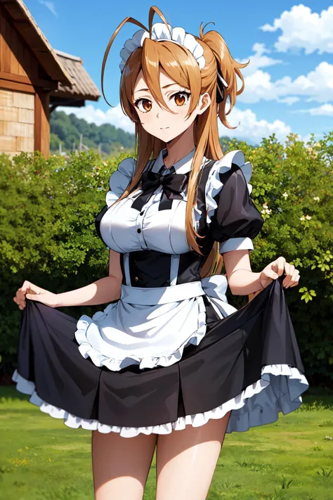 masterpiece, best quality, highres, 1girl, solo, long hair, brown hair, antenna hair, brown eyes, <lora:miyamoto_rei_v1:0.7>, maid, maid headdress, garden, standing, cowboy shot, skirt hold,