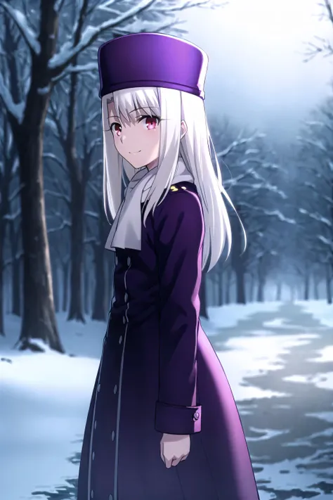 best quality, (masterpiece:1.2), highly detailed,
<lora:background_FateStayNightUBW_Backgrounds_v1:0.3>, fate/stay background, (night:1.4), forest, snowing,
<lora:chara_FateStayNightUBW_IllyasvielVonEinzbern_v1:0.8>, illyasviel von einzbern ubw,
1girl, solo, standing, looking at the viewer, closed mouth, smile,
long hair, white hair, red eyes,
purple coat, hat, white scarf