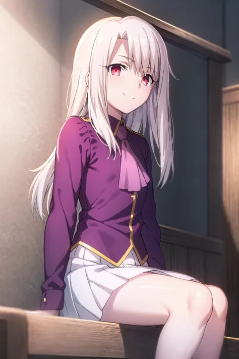 best quality, (masterpiece:1.2), highly detailed,
<lora:background_FateStayNightUBW_Backgrounds_v1:0.8>, fate/stay background, indoors,
<lora:chara_FateStayNightUBW_IllyasvielVonEinzbern_v1:0.8>, illyasviel von einzbern ubw,
1girl, solo, sitting, looking at the viewer, closed mouth, smile,
long hair, white hair, red eyes,
purple shirt, ascot, white skirt
