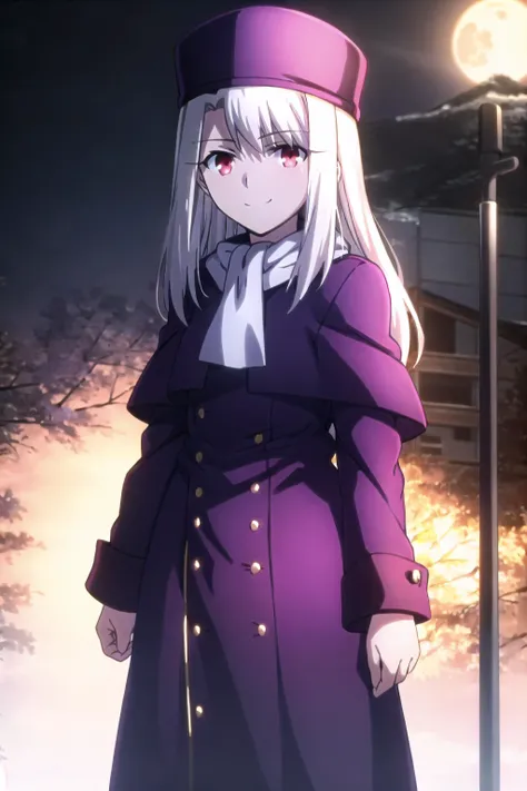 best quality, (masterpiece:1.2), highly detailed,
<lora:background_FateStayNightUBW_Backgrounds_v1:0.8>, fate/stay background, night, cityscape, moon,
<lora:chara_FateStayNightUBW_IllyasvielVonEinzbern_v1:0.8>, illyasviel von einzbern ubw,
1girl, solo, standing, looking at the viewer, closed mouth, smile,
long hair, white hair, red eyes,
purple coat, hat, white scarf