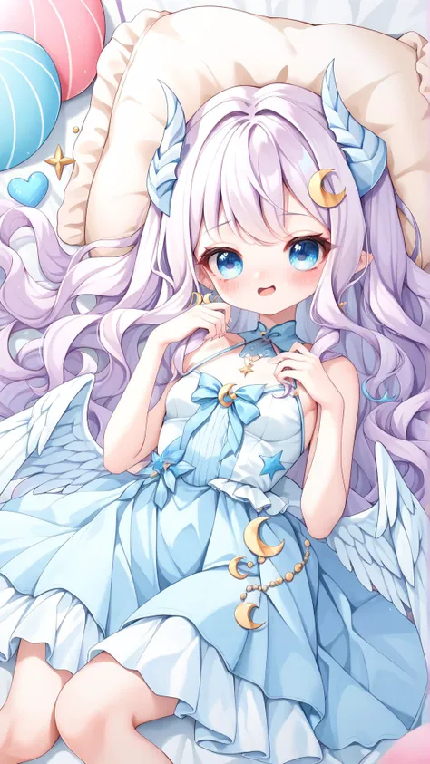 masterpiece, score_9, score_8_up, score_7_up, best quality, (Small breasts:1.2), Crescent hair accessory, Lavender hair, Light blue horns, Hair over cheeks, Wavy hair, Very long hair, <lora:nayuta2:0.7>, nayuta2, lying, Dress, Blush, pleasured, Wings ear ornament