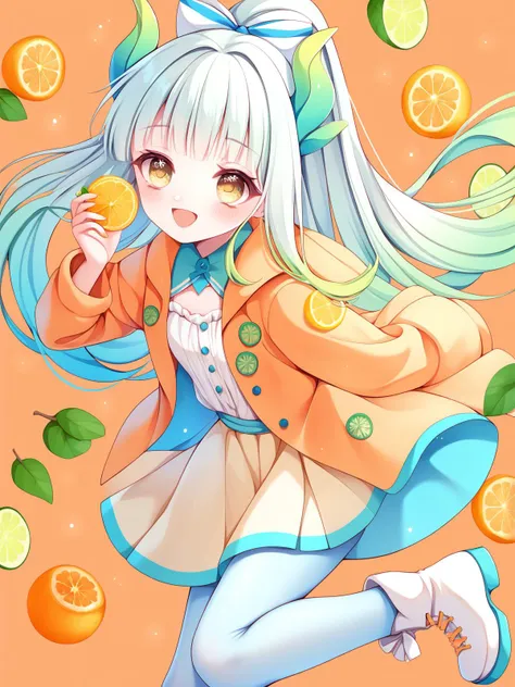 masterpiece, score_9, score_8_up, score_7_up, best quality, arms over, shy, green dragon horns, small chest, long ponytail, mint white hair, multicoloured hair, two coloured hair, gradient hair, yellow eyes, long orange coat, oranges, lime, lemonade, lemon, mint, fruit print on coat, white short dress, see-trough, ruffled top, yellow skirt, white top, pantyhose, high boots, orange background, happy, drink