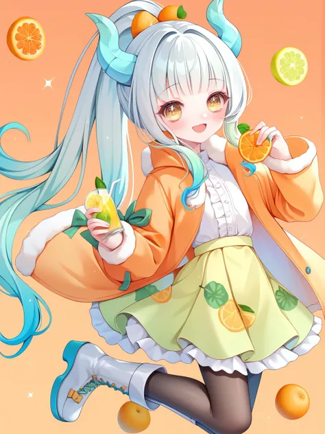 masterpiece, score_9, score_8_up, score_7_up, best quality, arms over, shy, green dragon horns, small chest, long ponytail, mint white hair, multicoloured hair, two coloured hair, gradient hair, yellow eyes, long orange coat, oranges, lime, lemonade, lemon, mint, fruit print on coat, white short dress, see-trough, ruffled top, yellow skirt, white top, pantyhose, high boots, orange background, happy, drink