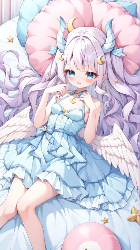 masterpiece, score_9, score_8_up, score_7_up, best quality, (Small breasts:1.2), Crescent hair accessory, Lavender hair, Light blue horns, Hair over cheeks, Wavy hair, Very long hair, <lora:nayuta2:0.7>, nayuta2, lying, Dress, Blush, pleasured, Wings ear ornament