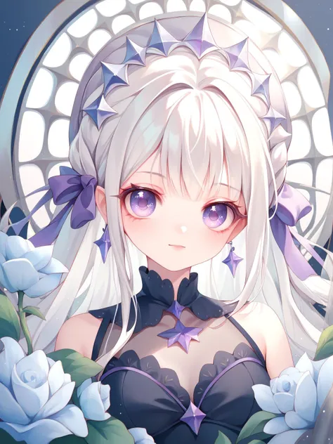 Face close up, masterpiece, score_9, score_8_up, score_7_up, best quality, Black dress, purple eyes, Flat