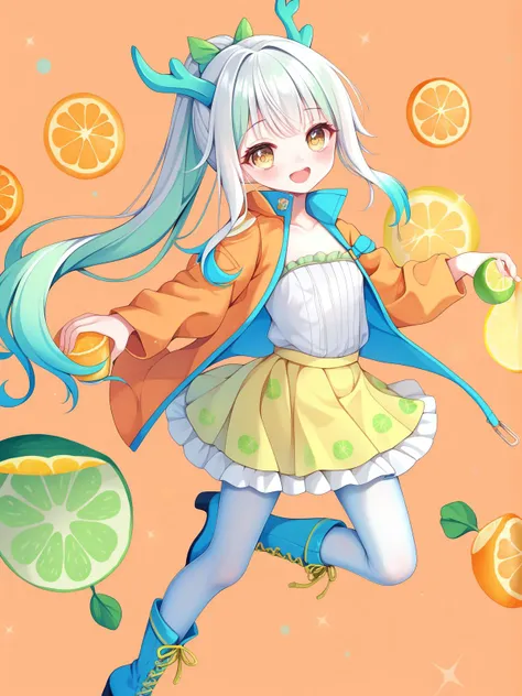 masterpiece, score_9, score_8_up, score_7_up, best quality, arms over, shy, green dragon horns, small chest, long ponytail, mint white hair, multicoloured hair, two coloured hair, gradient hair, yellow eyes, long orange coat, oranges, lime, lemonade, lemon, mint, fruit print on coat, white short dress, see-trough, ruffled top, yellow skirt, white top, pantyhose, high boots, orange background, happy, drink, Lemon orange print