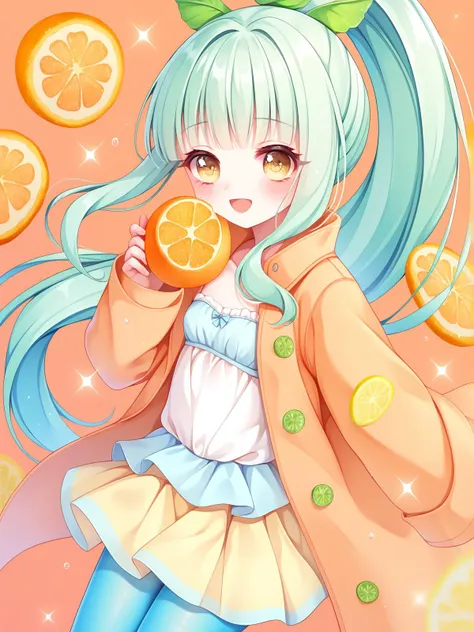 masterpiece, score_9, score_8_up, score_7_up, best quality, arms over, shy, green dragon horns, small chest, long ponytail, mint white hair, multicoloured hair, two coloured hair, gradient hair, yellow eyes, long orange coat, oranges, lime, lemonade, lemon, mint, fruit print on coat, white short dress, see-trough, ruffled top, yellow skirt, white top, pantyhose, high boots, orange background, happy, drink, Lemon orange print