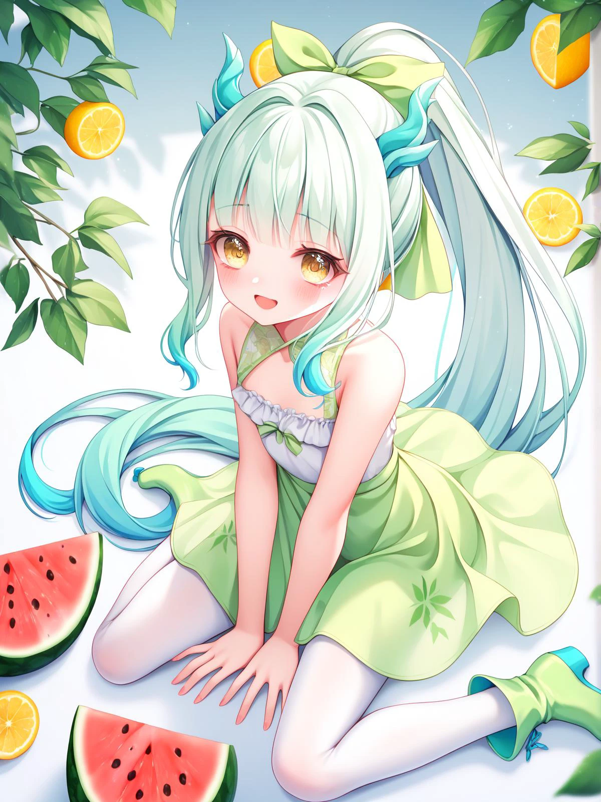 masterpiece, score_9, score_8_up, score_7_up, best quality, arms over, shy, green dragon horns, small chest, long ponytail, mint white hair, multicoloured hair, two coloured hair, gradient hair, yellow eyes, lemon, mint, white short dress, see-trough, ruffled top, yellow skirt, white top, pantyhose, high boots, happy, (lemonade:1.0), Hold Watermelon, eat watermelon, red watermelon print on dress