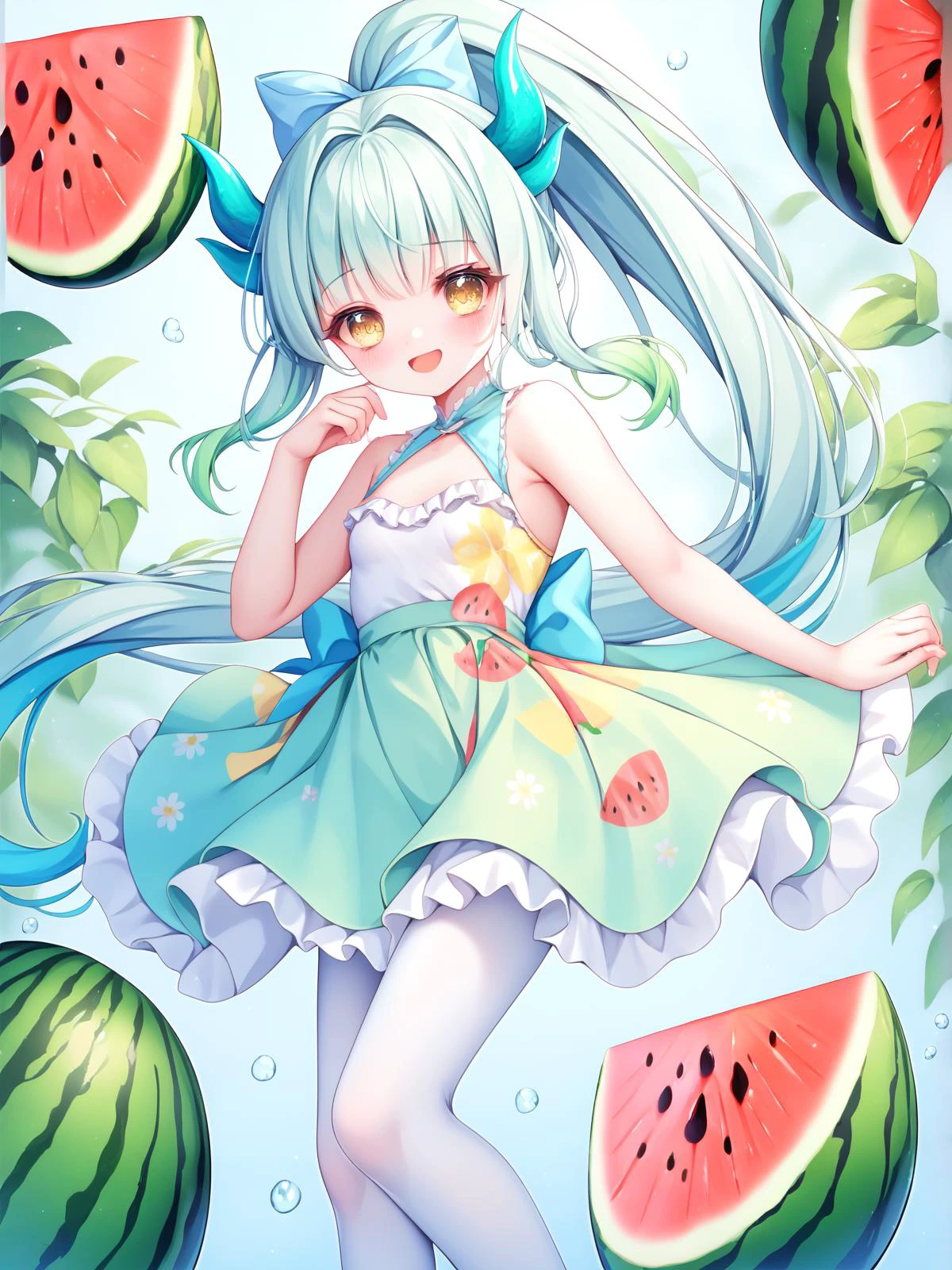 masterpiece, score_9, score_8_up, score_7_up, best quality, arms over, shy, green dragon horns, small chest, long ponytail, mint white hair, multicoloured hair, two coloured hair, gradient hair, yellow eyes, mint, white short dress, ruffled top, white top, pantyhose, high boots, happy, (lemonade:1.0), Hold Watermelon, (eat watermelon:1.2), (red watermelon print on dress:1.1)