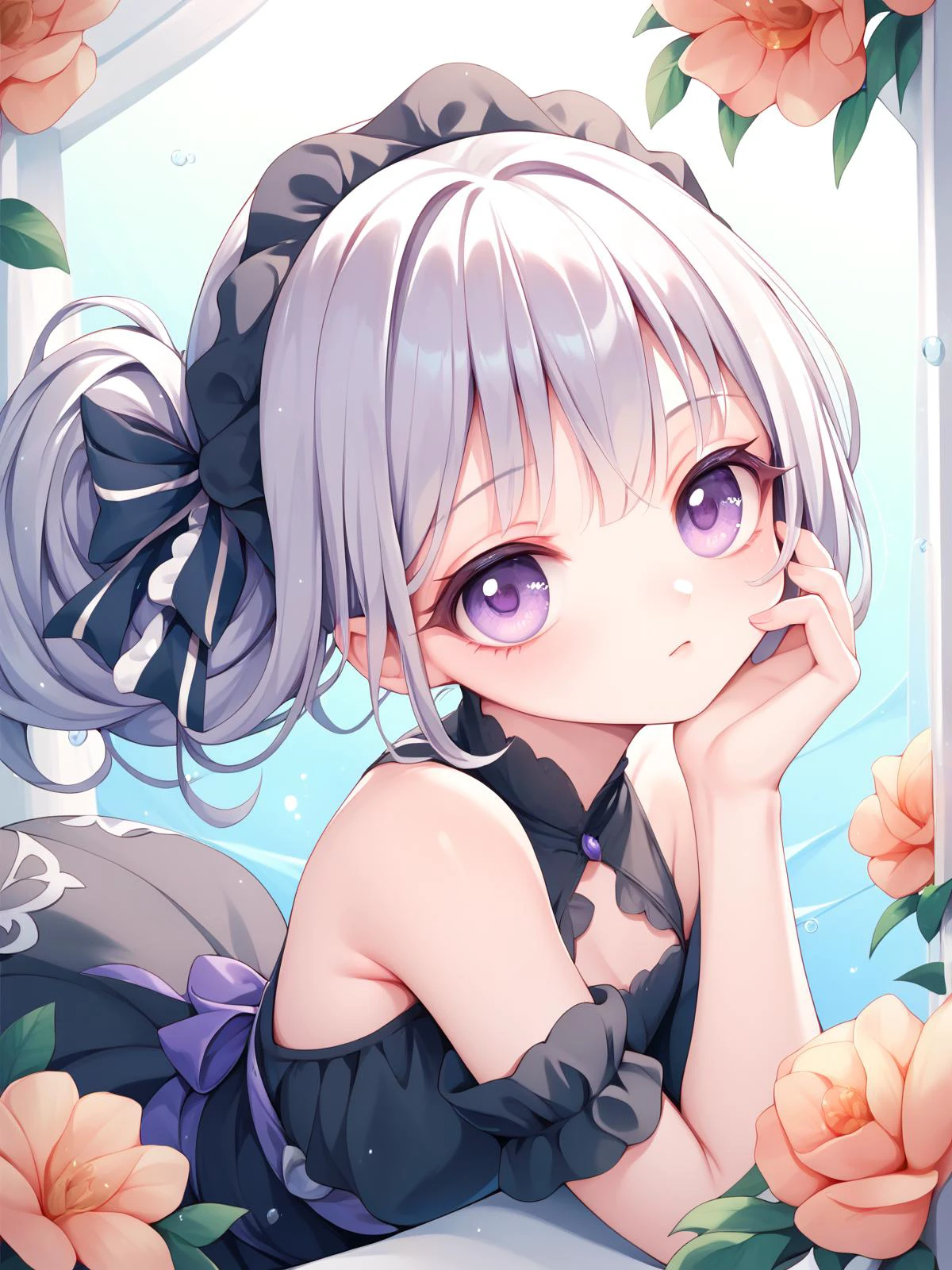 Face close up, masterpiece, score_9, score_8_up, score_7_up, best quality, Black dress, purple eyes, Flat
