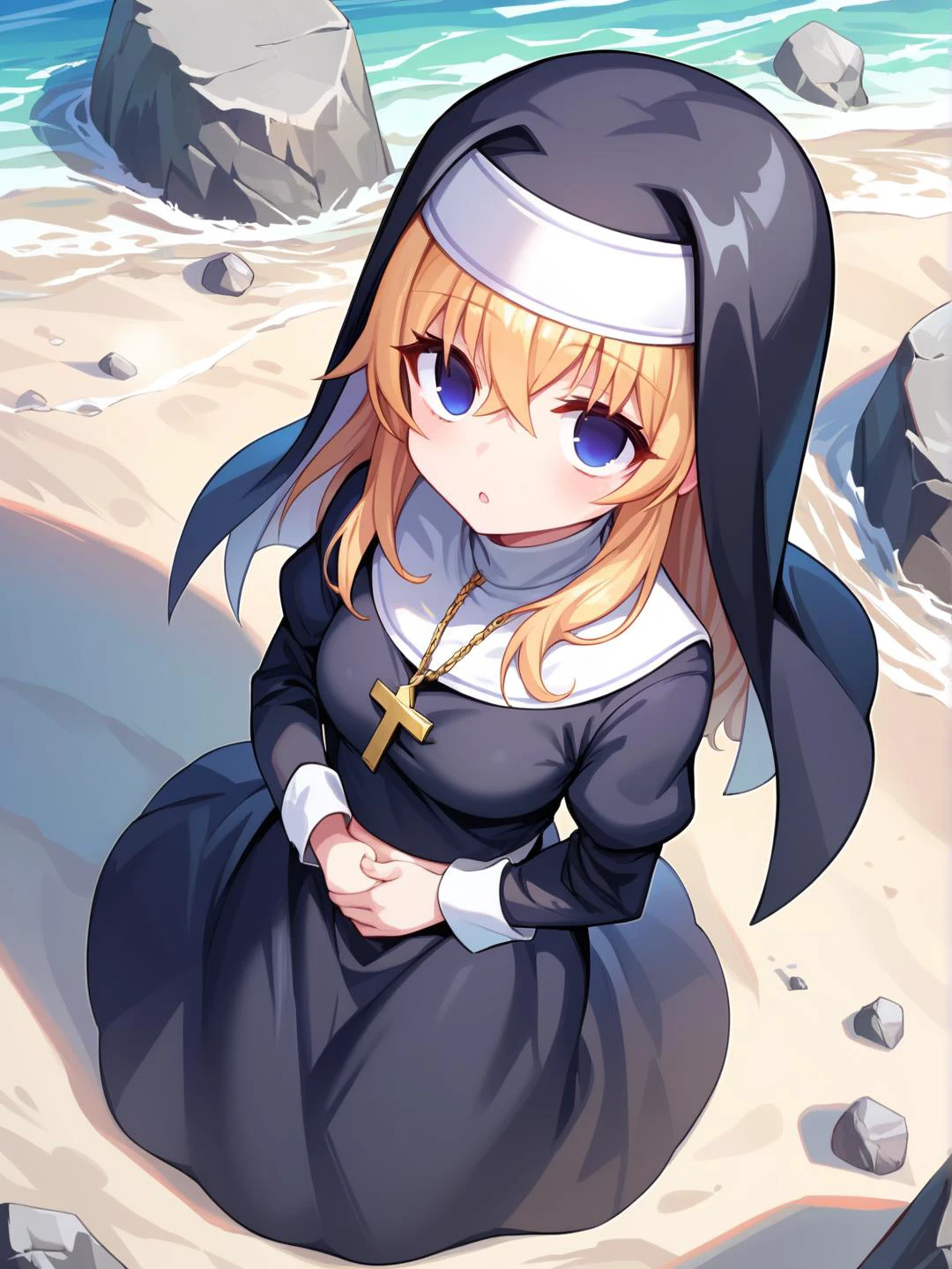 score_9, score_8_up, score_7_up, masterpiece, best quality, (embedding:zPDXLpos), source_anime, detailed eyes, detailed hair, detailed background, kawaii, cute, BREAK 1girl, solo, (kirisame marisa), petite, BREAK (nun:1.2), (midriff), BREAK parted lips, (empty eyes, depressed:1.2), (looking up:1.5), (hand on own stomach:1.3), (victory pose:1.2), BREAK (from above:1.5), (hip focus), (dynamic angle:1.5), BREAK outdoors, beach, island, shore, rock, 12pm, BREAK