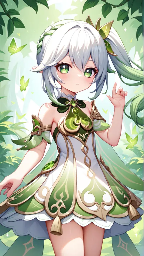 Nahida genshin impact, masterpiece, score_9, score_8_up, score_7_up, best quality, Solo, White hair, side ponytail, Dress