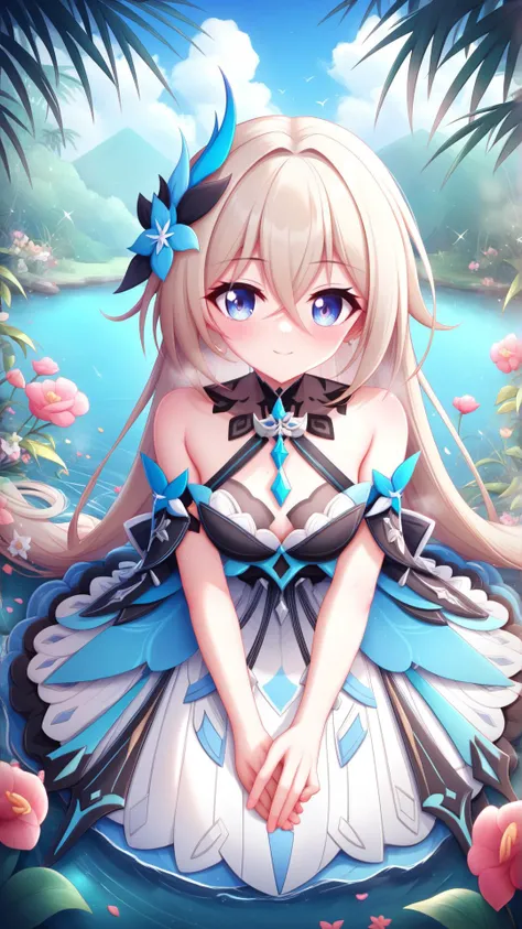 Face focus, masterpiece, score_9, score_8_up, score_7_up, best quality, Lake, jungle, Smell flower, Girl honkai, absurd dress, YTM, yutamix-twinkle