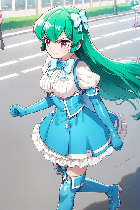 source_anime, ytm, score_9, score_8_up, score_7_up, masterpiece, best quality, detailed, 1girl, (minakami sayo:1.1), green hair, long hair, red eyes, magia azul, hair bow, elbow gloves, thigh boots, determined, city street,
<lora:MagiaAzulSayo-PXL-Barjoe01:0.8>