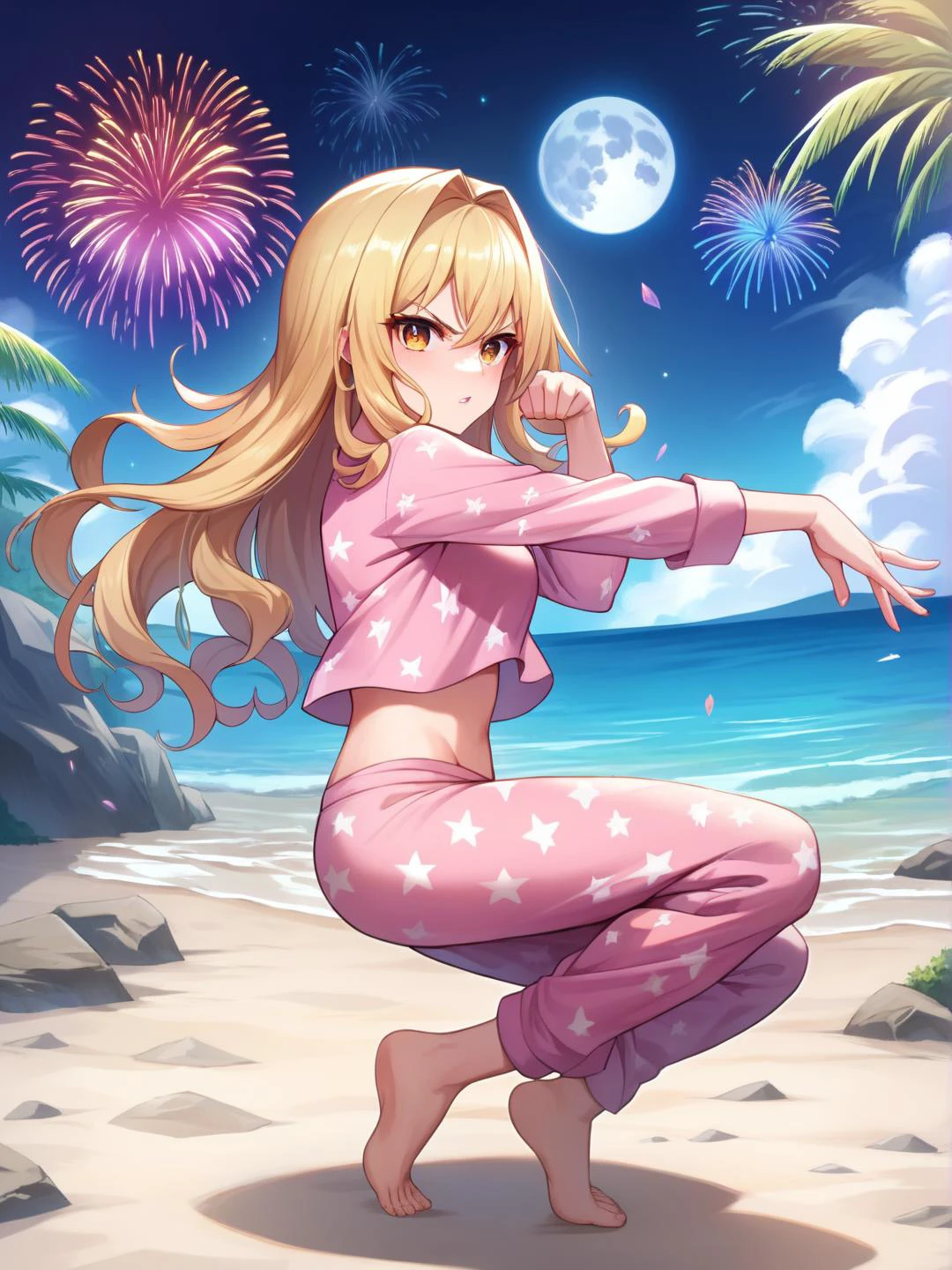 score_9, score_8_up, score_7_up, masterpiece, best quality, (embedding:zPDXLpos), source_anime, detailed eyes, detailed hair, detailed background, kawaii, cute, BREAK 1girl, solo, (kirisame marisa), petite, BREAK (pajamas:1.2), (midriff:1.3), BREAK parted lips, (angry:1.2), (looking at viewer:1.5), (ojou-sama pose:1.3), (sway back:1.2), BREAK (from side:1.5), (full body), (dynamic angle:1.5), BREAK outdoors, beach, island, shore, (night sky, midnight), moon, fireworks, festival theme, shop, BREAK