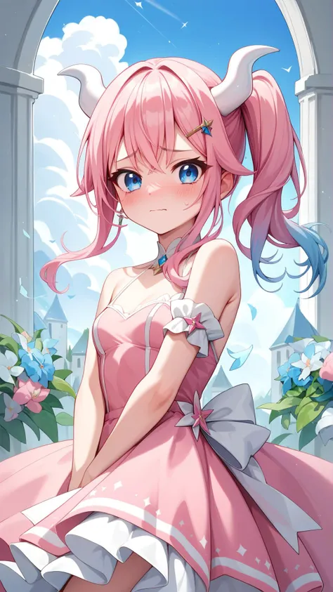 Score_9, score_8_up, score_7_up, masterpiece, best quality, 1girl, (Pink hair:1.1), blue eyes, Gradient hair, White horns, (small breasts:1.1), Very embarrassed, Pink dress, (light blue hair tips:0.9), Side ponytail