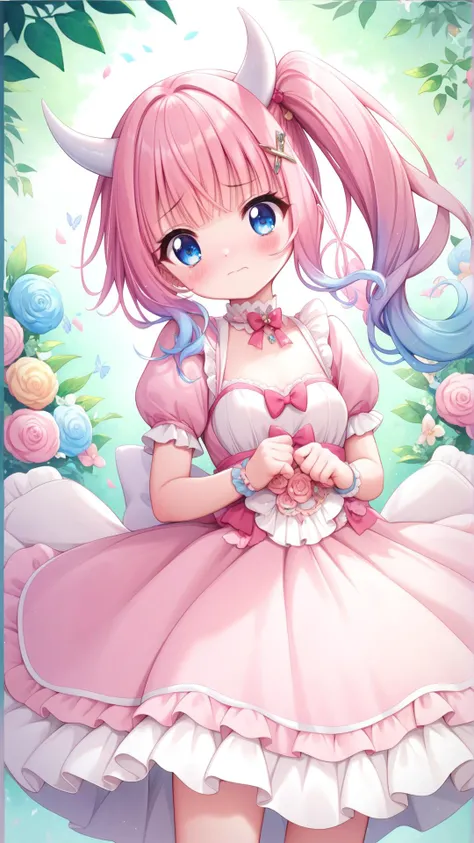 Score_9, score_8_up, score_7_up, masterpiece, best quality, 1girl, (Pink hair:1.1), blue eyes, Gradient hair, White horns, (small breasts:1.1), Very embarrassed, Pink dress, (light blue hair tips:0.9), Side ponytail, YTM, yutamix-twinkle