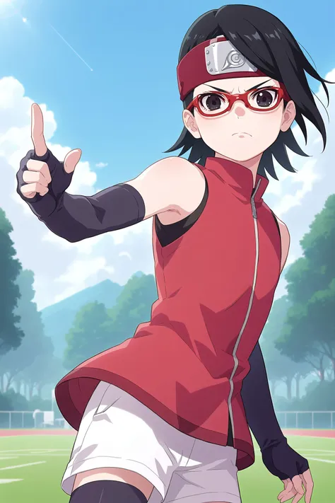 source_anime, ytm, score_9, score_8_up, score_7_up, masterpiece, best quality, detailed, Sarada Uchiha, solo, 1girl, black hair, short hair, red-framed eyewear, glasses, black eyes, red dress, sleeveless, elbow gloves, black gloves, fingerless gloves, white shorts, black thighhighs, forehead protector, focused, determined, throwing shuriken, training, target practice, (shuriken:1.1)
<lora:Sarada_Uchiha_XL_Pony-LennonAI:1.0>