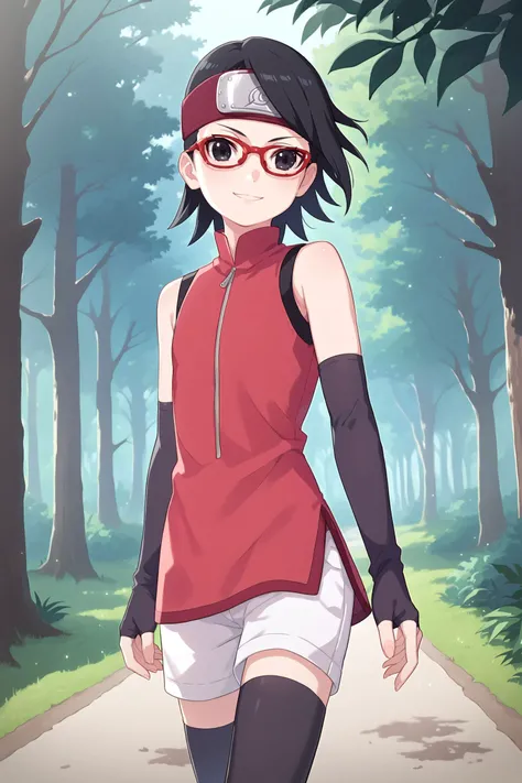 source_anime, ytm, score_9, score_8_up, score_7_up, masterpiece, best quality, detailed, Sarada Uchiha, solo, 1girl, black hair, short hair, red-framed eyewear, glasses, black eyes, red dress, sleeveless, elbow gloves, black gloves, fingerless gloves, white shorts, black thighhighs, forehead protector, smile, running through trees, forest, outdoors, willow tree
<lora:Sarada_Uchiha_XL_Pony-LennonAI:1.0>