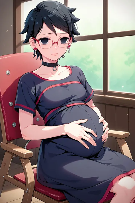 source_anime, ytm, score_9, score_8_up, score_7_up, masterpiece, best quality, detailed, sarada uchiha, 1girl, black hair, pixie cut, black eyes, earrings, black choker, (empty eyes:1.3), red glasses, slight smile, sad, tears, long dress, loose dress, short sleeves, maternity dress, sitting, wooden rocking chair, indoors, pregnant, hands on own belly
<lora:Timeskip_Sarada_Uchiha_XLP-LennonAI:1.0>