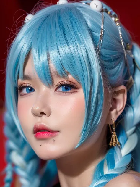 (highres, best quality, masterpiece:1.2), (realistic, photo-realistic:1.37), dark background, simple background,
(1girl, solo, upper body:1.4), (slim girl:1.2), (small breasts:1.2), blue eyes, earrings, jewelry, mole under mouth, portrait, looking at viewer, braid, mole, blue hair, parted lips, twin braids, bangs, piercing, lips,