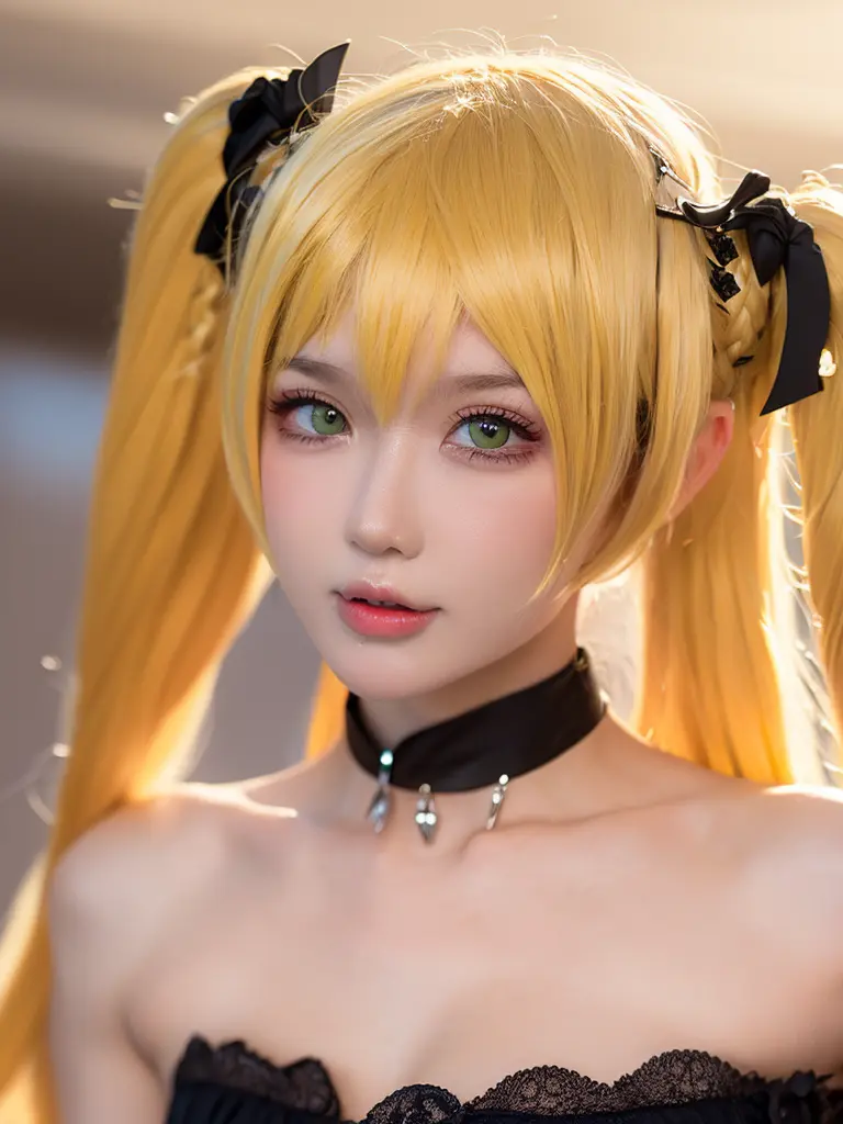 (highres, best quality, masterpiece:1.2), (realistic, photo-realistic:1.37), dark background, simple background,
(1girl, solo, upper_body:1.2), (slim girl:1.2), blonde hair:1.2, (twintails)|(twin braids), lip piercing:1.2, from_above, choker, camisole, hair ornament,