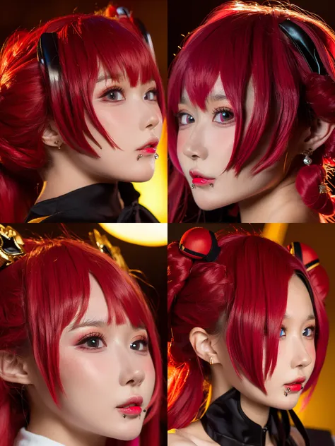 (highres, best quality, masterpiece:1.2), (realistic, photo-realistic:1.37), dark background, simple background,
(1girl, solo, portrait:1.2), (slim girl:1.2), red hair:1.2, double bun, looking at viewer, lip piercing,