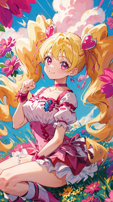 masterpiece, high quality, ultra detailed,
<lora:locon_cure_peach_1:1> cure peach, twintails, puffy short sleeves, ribbon choker, pink boots, earrings
<lora:dreamflower:0.7> dreamflower, (flower:1.), petals, cloud,
1girl, (upper body:1.25), cheerful, (happy:1.2), (joy full:1.2), smile, closed mouth
from side, looking at viewer, sitting,
raise one's fist