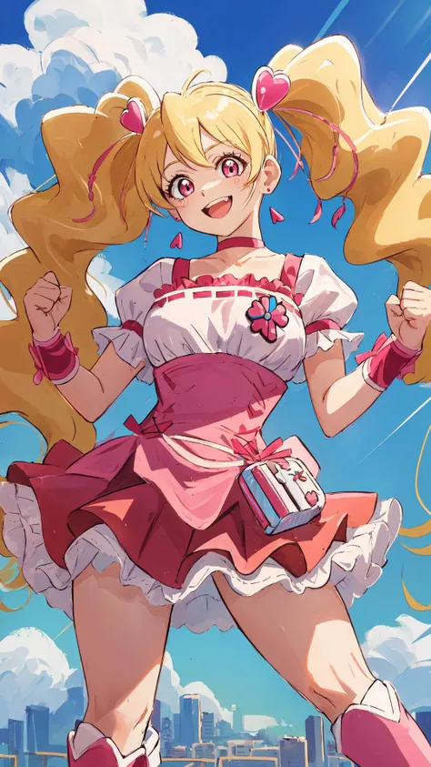 masterpiece, high quality, ultra detailed,
<lora:locon_cure_peach:1> cure peach, twintails, puffy short sleeves, ribbon choker, pink boots, earrings
1girl, (cowboy shot:1.25), cheerful, (happy:1.2), (joy full:1.2), smile, closed mouth
(from side:1.05), from below, looking at viewer, 
raise one's fist,
town, sky, cute, cool, cityscape, (teeth:1.1), smile,