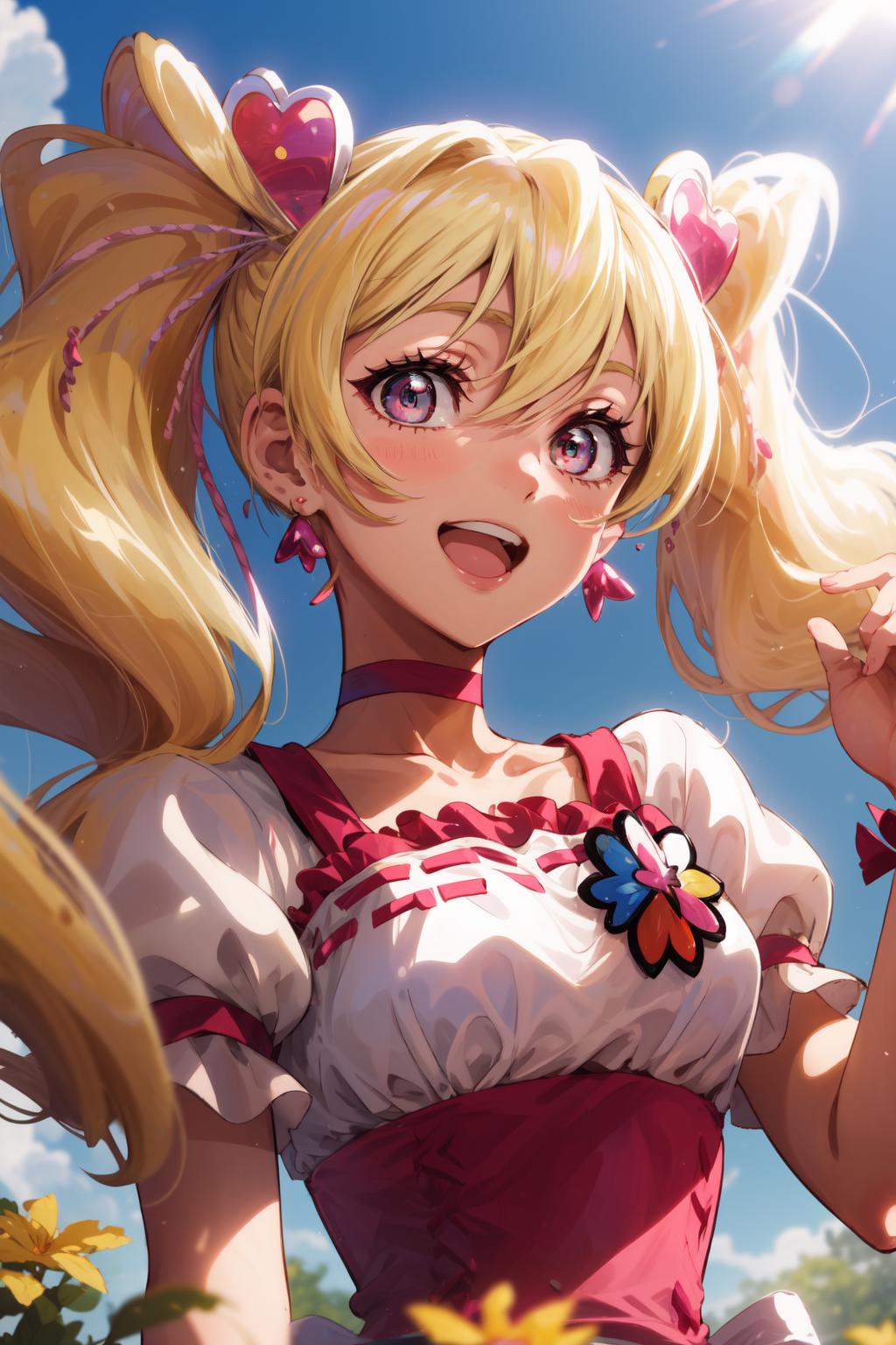 A close up of a woman with blonde hair and a pink dress - SeaArt AI