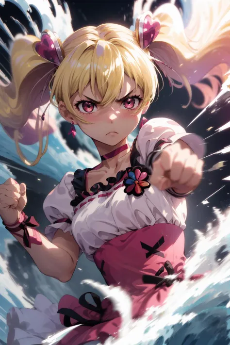 masterpiece,best quality,1girl,cure peach,twintails,puffy short sleeves,ribbon choker,earrings,((serious)),fighting stance,action pose,attack,motion lines,motion blur,blast wave,upper body,<lora:locon_cure_peach_1:0.8>,