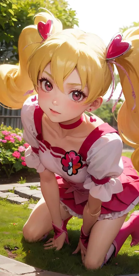 masterpiece, best quality, 1girl, solo, posing, standing, sailor moon pose,
slim, young, 14 years old,
cure Peach, love Momozono,
twin tails, puffy short sleeves, ribbon choker, pink boots, earrings,
garden,
<lora:locon_cure_peach:0.9>