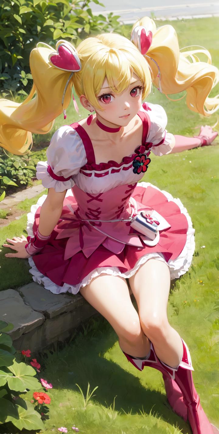 Anime girl in a pink dress sitting on a stone wall - SeaArt AI
