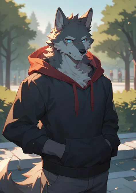 canid,canids,wolf,by zixiong,
masterpiece,best quality,anthro,solo,looking at viewer,stand,anime style,outdoors,park,standing,blood on body,((beautiful blue eyes, furry, Wolf, grey fur, grey body, scar on eye)),(Black Hoodie, Red Hood, TechWear Clothing),(((solo))),
 BREAK zPDXL,