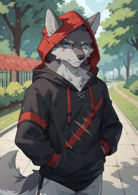 canid,canids,wolf,by zixiong, masterpiece,best quality,anthro,solo,looking at viewer,stand,anime style,outdoors,park,standing,((beautiful blue eyes, furry, Wolf, grey fur, grey body, scar on eye)),(Black Hoodie, Red Hood, TechWear Clothing),(((solo))),
 BREAK score_9_up,score_8_up,score_7_up,score_6_up,score_5_up,score_4_up