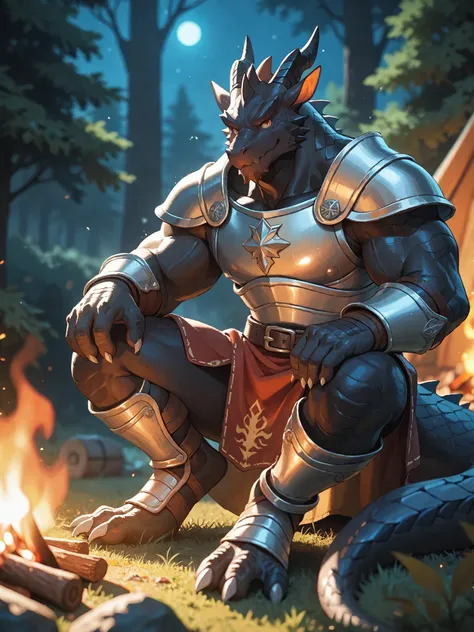 solo, kemono, (dragon), anthro, male, (black body), scales, tail, muscles, handsome, armor, medieval, fantasy, outdoors, outside, dark, night, forest, campfire, camp, stars, sitting, toe claws, epic, depth of field, perfect lighting, light particles 
 BREAK score_9_up,score_8_up,score_7_up,score_6_up,score_5_up,score_4_up