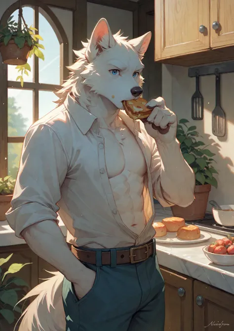 canid, canids, wolf, solo, anthro, male, white fur, (white body:1.5), white eyebrows, clothed, open topwear, open shirt, white shirt, belt, pants, blue eyes, humanoid hands, food, eating, inside, kitchen, window, sunlight, plants, detailed background
 BREAK score_9_up,score_8_up,score_7_up,score_6_up,score_5_up,score_4_up