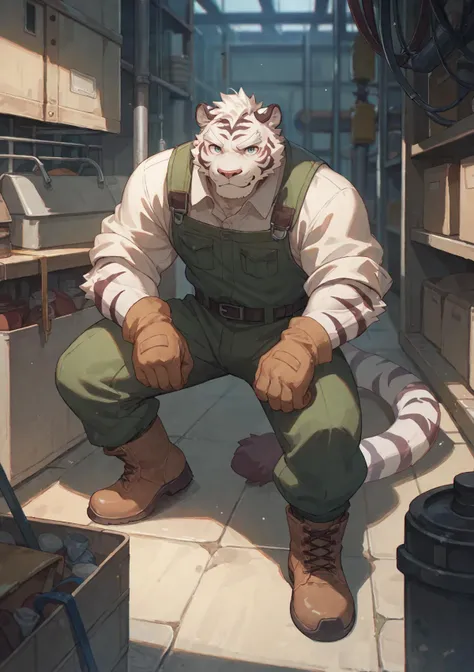 felid, tiger, by lindong, anthro, solo, male, muscular, (white eyebrows, white fur, white body:1.4), clothed, topwaer, bottomwear, footwear, handwear, (gloves), boots, worker, (factory uniforms, work wear style), detailed background, anime artwork, anime style, key visual, vibrant, studio anime, highly detailed
 BREAK score_9_up,score_8_up,score_7_up,score_6_up,score_5_up,score_4_up