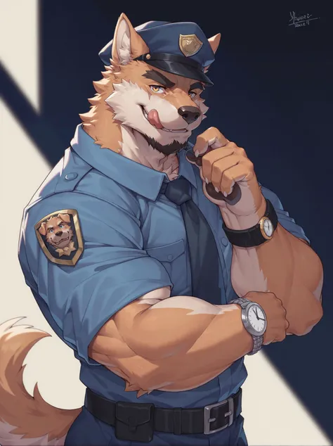 yuezai,watch,police uniform,police,uniform,wristwatch,male focus,1boy,tongue,solo,bara,tongue out,dog boy,police hat,muscular male,muscular,furry male,policeman,furry,dog ears,hat,animal ears,looking at viewer,brown fur,dog tail,:q,tail,pectorals,large pectorals,orange fur,thick eyebrows,shirt,necktie,thick arms,smile,scar,veins,mature male,licking lips,belt,blue shirt,short hair,from side,facial hair,upper body BREAK score_9_up,score_8_up,score_7_up,detailed fur,fluffy fur,detailed fur texture,<lora:yuezai_style:0.5>,