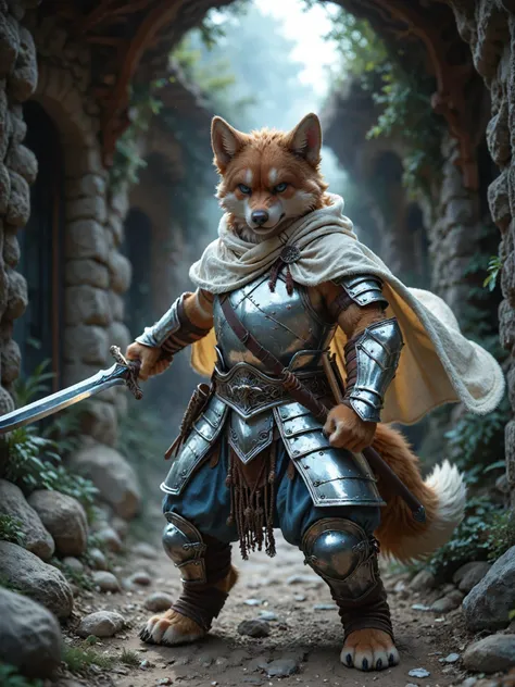 Anthropomorphic canine, male, young adult, orange fur, blue eyes, white muzzle, fluffy tail, determined expression, warrior, armor, white cloak, holding sword, standing pose, detailed fur, kemono style, fantasy setting, high quality, full body shot,night, ice land
 BREAK score_9_up,score_8_up,score_7_up,score_6_up,score_5_up,score_4_up,