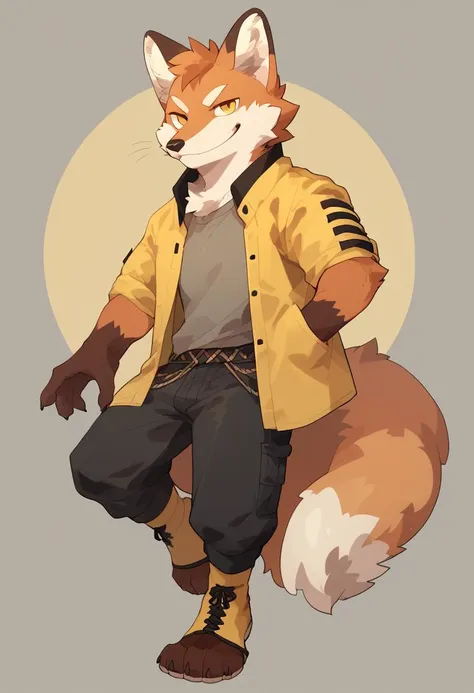 score_9, score_8_up, score_7_up, by yorozumaru, solo, furry, male, fox, fluffy, buff body, pants, yellow eyes, tail, animal ears, full body, smug, looking at viewer, seductive, simple background, <lora:Yorozumaru_style:1>