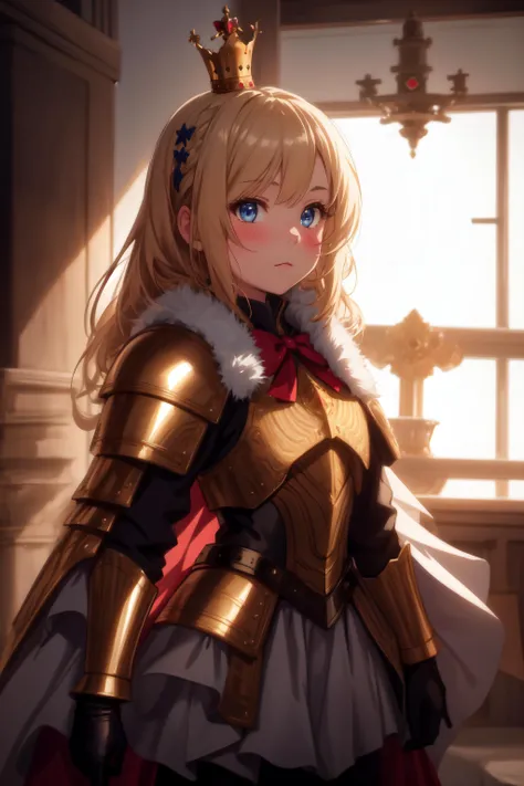 1girl, armor, bangs, blonde hair, blue eyes, blush, bow, cape, closed mouth, cowboy shot, crown, fur collar, fur trim, gauntlets, indoors, long hair, looking at viewer, mini crown, red bow, solo, standing, window, child, flat chest,