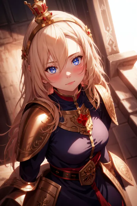 1girl, armor, blonde hair, blue eyes, blush, breastplate, breasts, closed mouth, crown, hairband, long hair, looking at viewer, medium breasts, red cape, solo, upper body