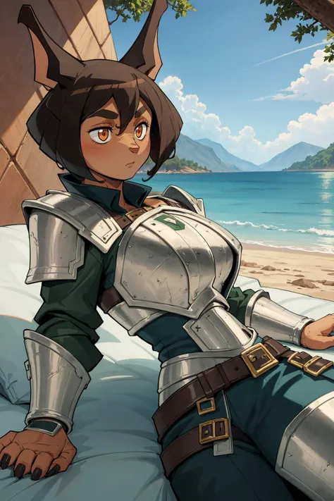 (masterpiece, best quality), outdoors, lush desert, water, cowboy shot, 1girl, solo, RoryCeehaz, RoryArmor, green, shoulder armor, breastplate, expressionless, furry, muscular, <lora:RoryCeehaz_V1-Manityro-Dadapt:1.0>, bed, on bed, lying, on back