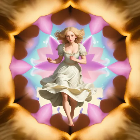 Flemish Baroque, jealous, Easter, pastel theme, kaleidoscope style <lora:kaleidoscope:0.4>
highres, dramatic,
,Woman in a flowing dress walking barefoot on a sandy beach, leaving footprints in the soft sand, casting a massive fireball or summoning a protective barrier of swirling winds, and cold determination of this character