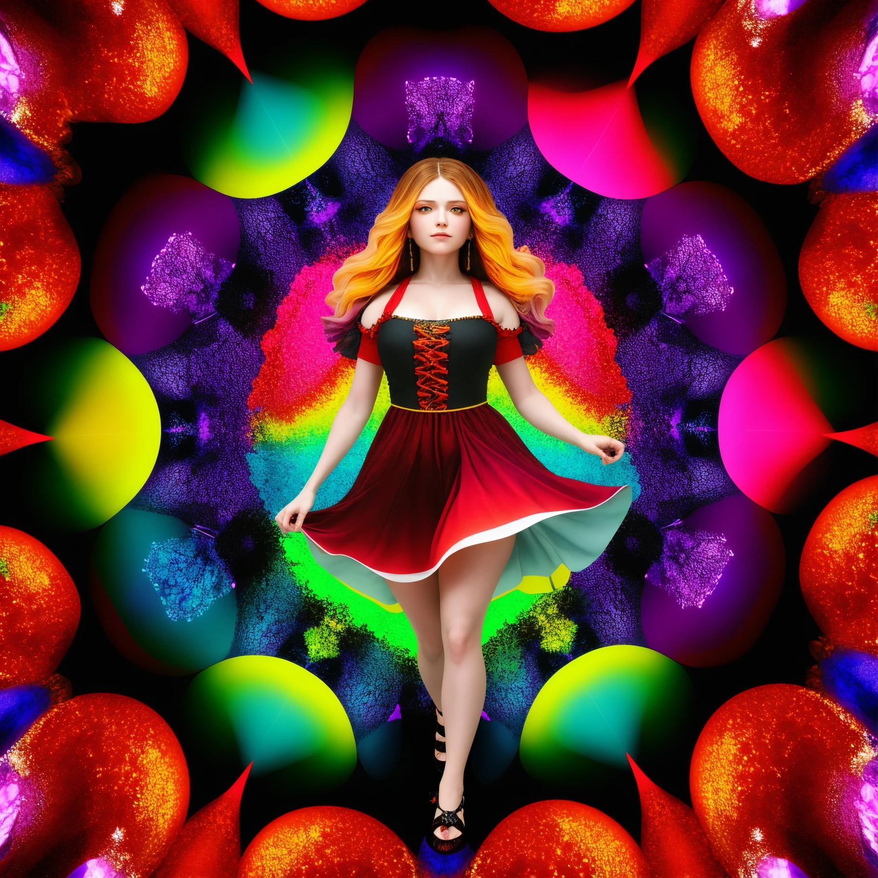Baroque painting, rainbow, Santa Costume, candy theme, kaleidoscope style <lora:kaleidoscope:0.45>
highres, dramatic,
,A woman in a billowy dress, walking hand in hand with her loved one on the shores of a crystal-clear lake, surrounded by the towering trees of a pine forest, basking in the glow of a perfect sunset, hand resting casually on her trademark Carnifex hand cannon, body language resonating calm expertise