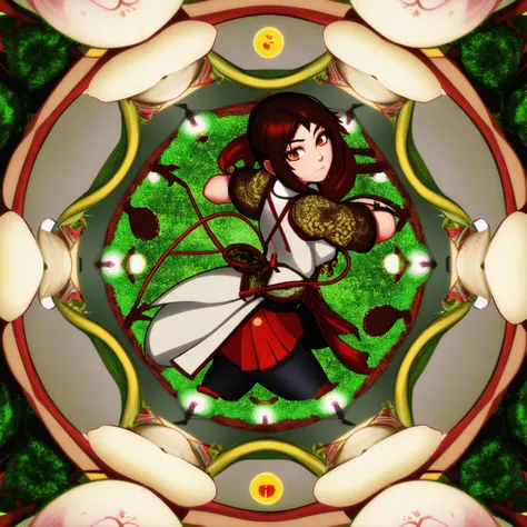 vray tracing, warlike, Shimekazari, fruits theme, kaleidoscope style <lora:kaleidoscope:0.6>
highres, dramatic,
,A female archer in a forest clearing, practicing her aim with precision and focus, her strong and steady hands drawing back the bowstring as she becomes one with nature, in an intricate, beautifully animated 8K quality