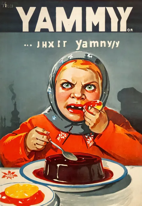 <lora:Soviet-poster:0.70> soviet poster Sad russian angry girl eating jam (text "yammy":1.5) painting <lora:LojkinXL:0.70> oil paint, painting