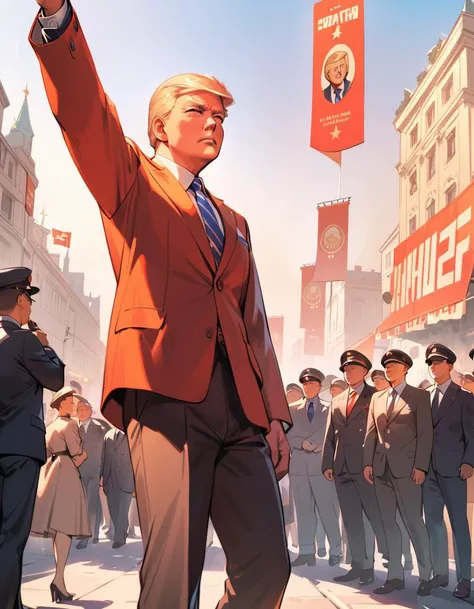 1boy,Trump,masterpiece,best quality,highres,best quality,ultra high res,2d,(highlydetailed),(solo),(stylish),(fashionable),<lora:Soviet-poster:0.8>,soviet poster,standing on a public square,point to sky,