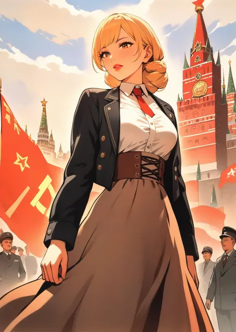<lora:Soviet-poster:1>,masterpiece,best quality,highres,best quality,ultra high res,2d,1girl,lips,dirndl,minori,blonde hair,open jacket,red necktie,long dress,hair tucking,hair behind ear,(highlydetailed),(solo),(stylish),(fashionable),soviet poster,The Kremlin,Red Square,